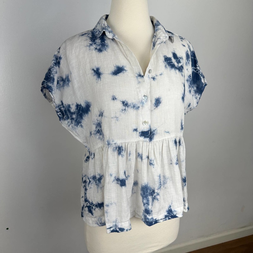 Racheal Zoe babydoll 100% Linen Lagenlook peplum oversized top XS White Blue - Picture 4 of 12